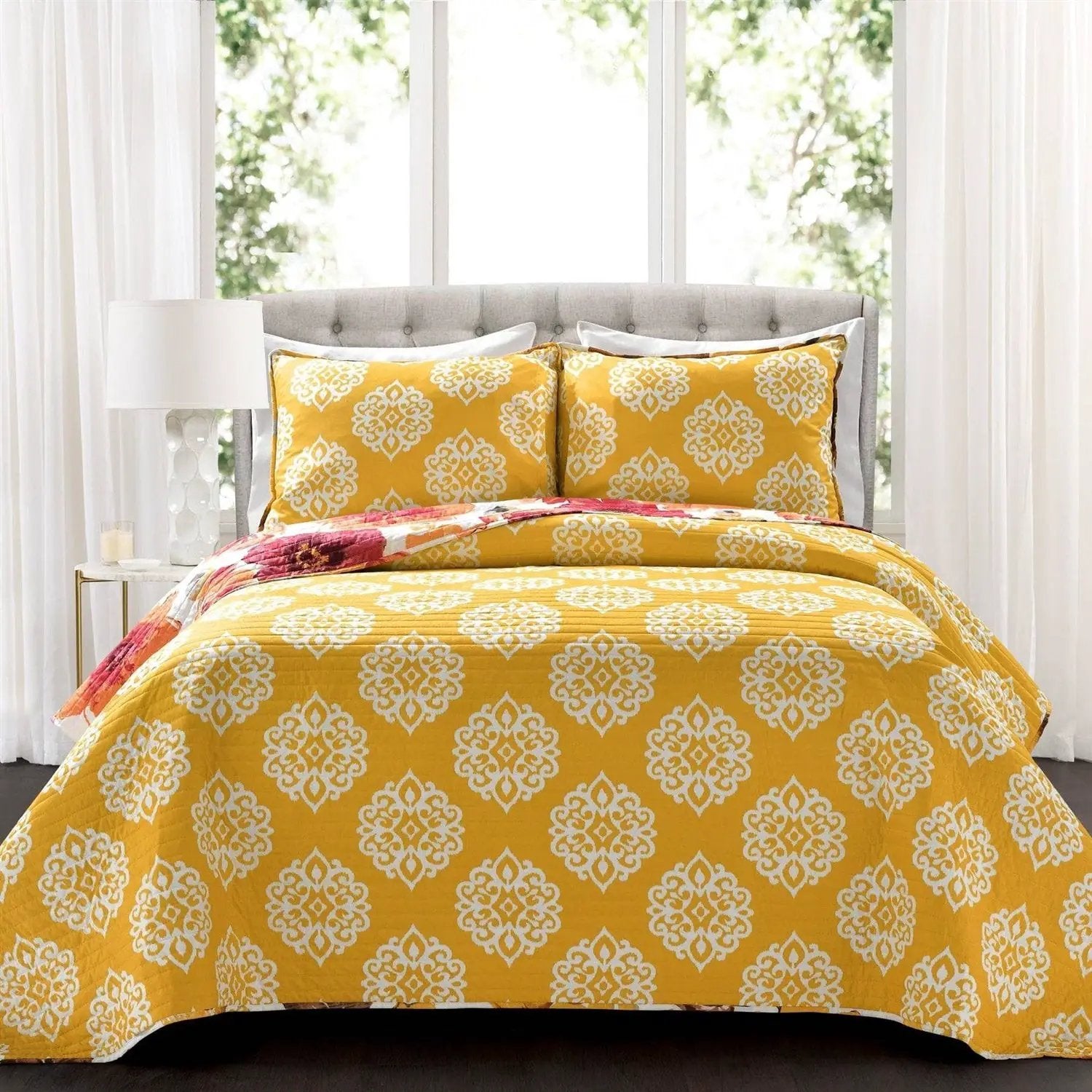 Full/Queen Red Orange Flowers Lightweight Polyester Microfiber Quilt Set by HomePacific