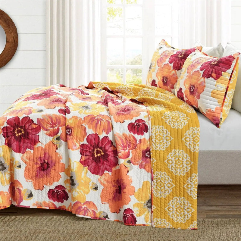 Full/Queen Red Orange Flowers Lightweight Polyester Microfiber Quilt Set by HomePacific