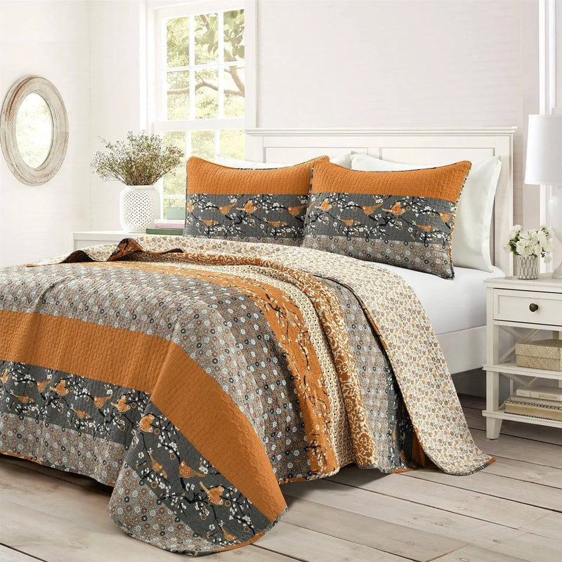 Full/Queen Size Orange Grey Floral Birds Reversible 3 Piece Quilt Set by HomePacific