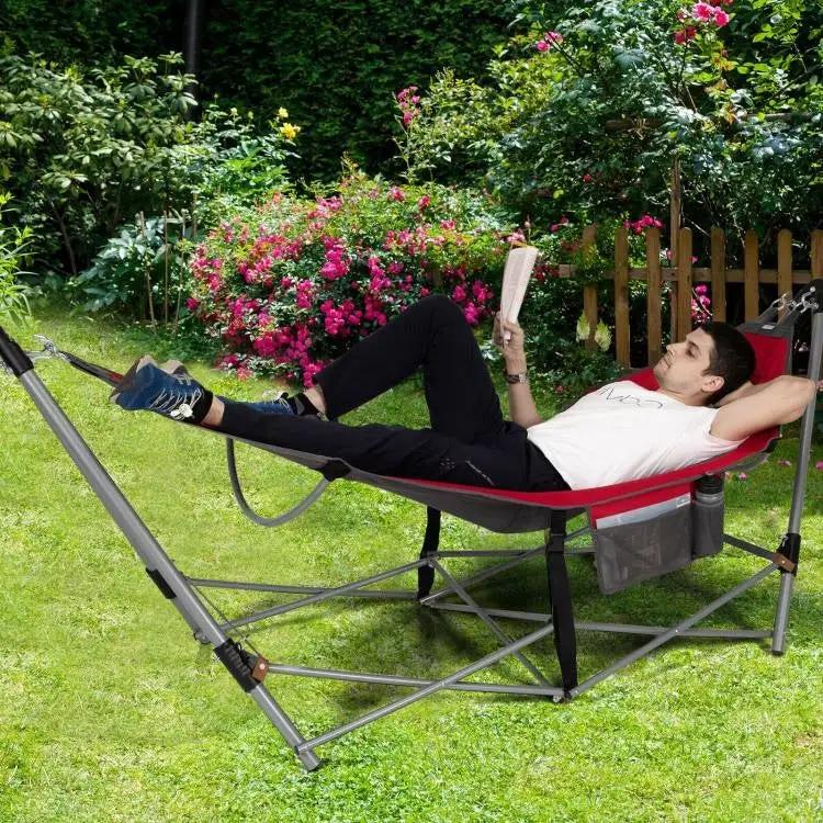 Red Portable Camping Foldable Hammock with Stand and Carry Case by HomePacific