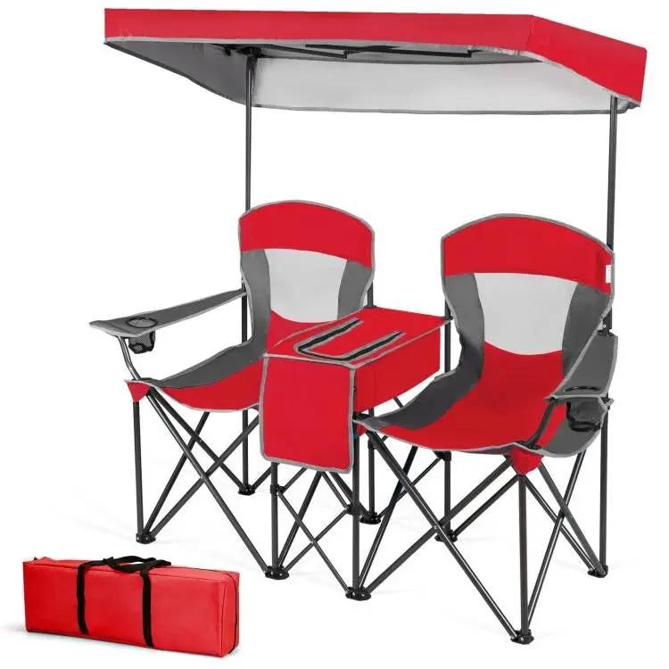 Red 2-Piece Folding Camping Canopy Chairs Set with Cup Holder and Storage Pocket by HomePacific
