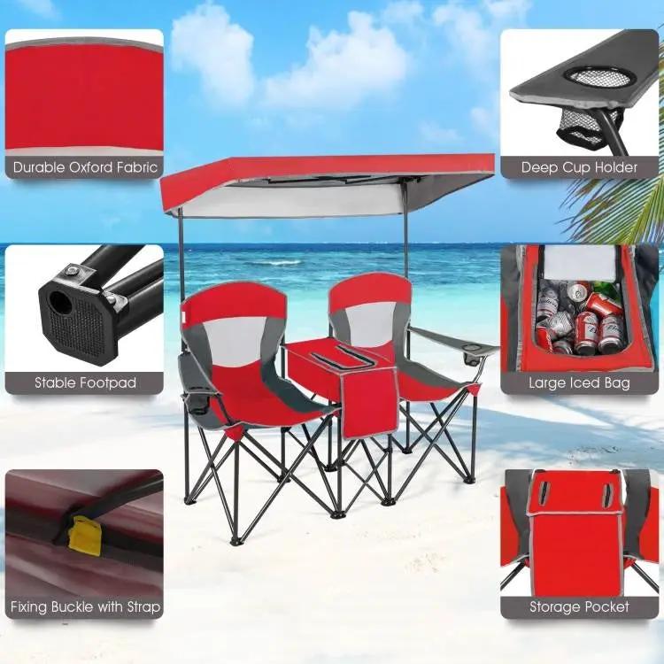 Red 2-Piece Folding Camping Canopy Chairs Set with Cup Holder and Storage Pocket by HomePacific