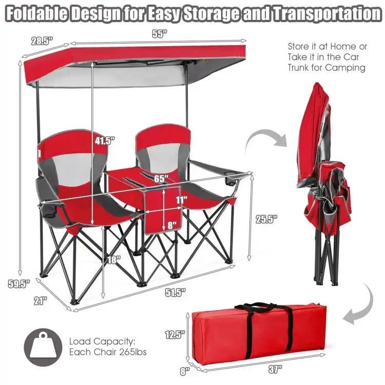 Red 2-Piece Folding Camping Canopy Chairs Set with Cup Holder and Storage Pocket by HomePacific