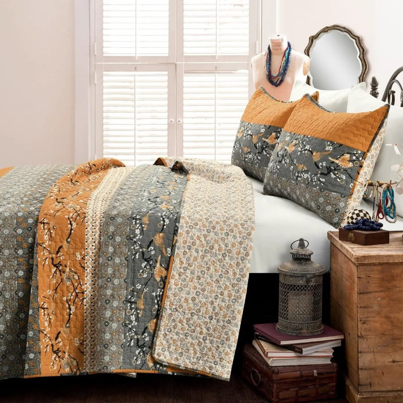 King Size Orange Grey Floral Birds Reversible 3 Piece Quilt Set by HomePacific