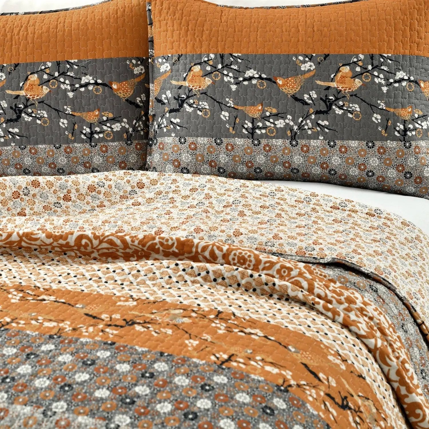 King Size Orange Grey Floral Birds Reversible 3 Piece Quilt Set by HomePacific
