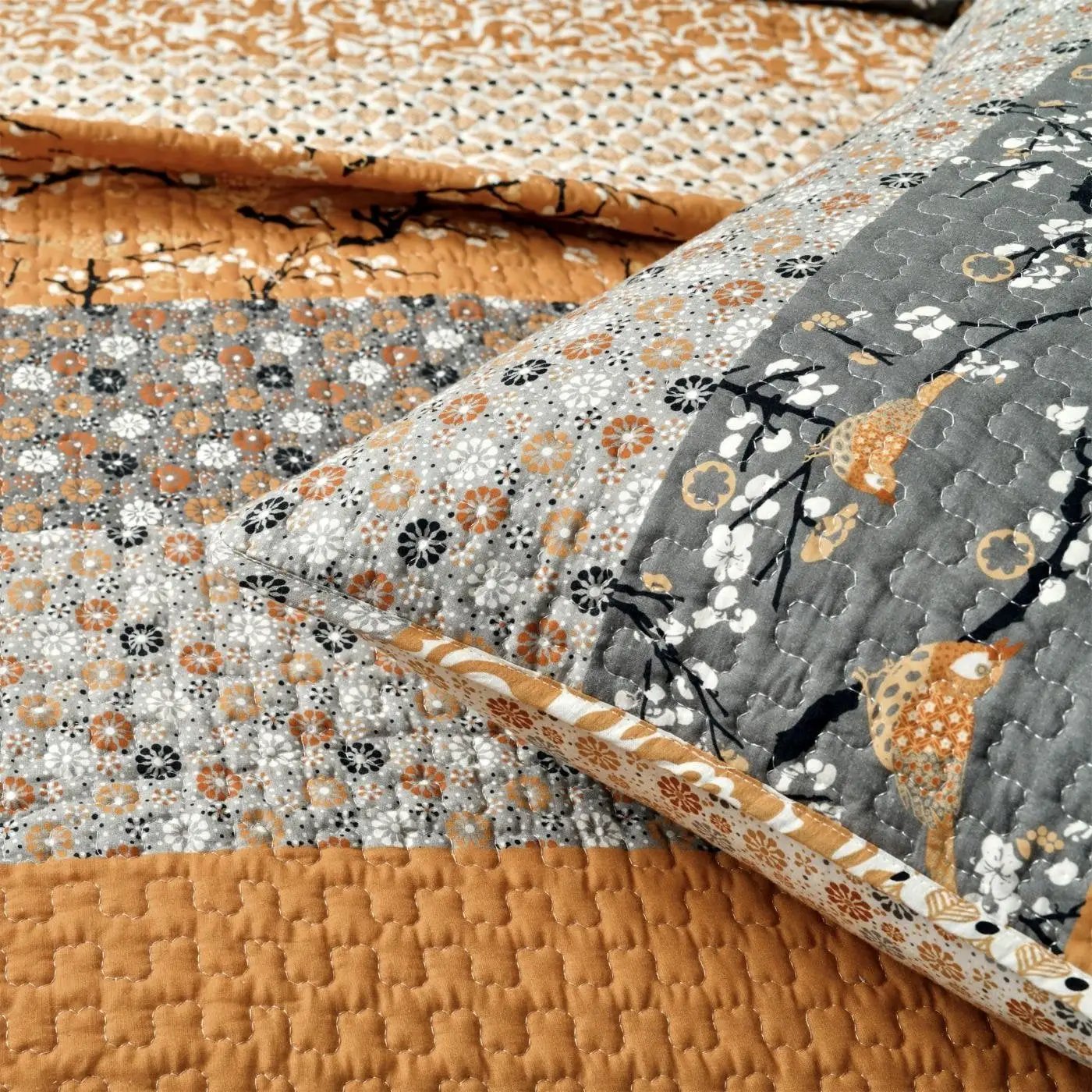 King Size Orange Grey Floral Birds Reversible 3 Piece Quilt Set by HomePacific