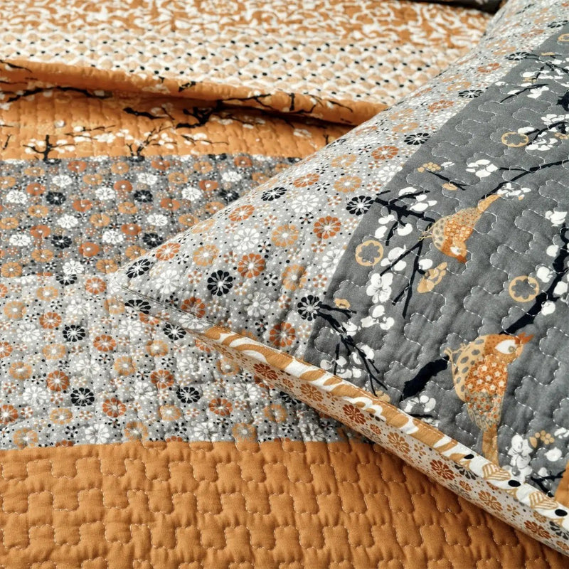King Size Orange Grey Floral Birds Reversible 3 Piece Quilt Set by HomePacific