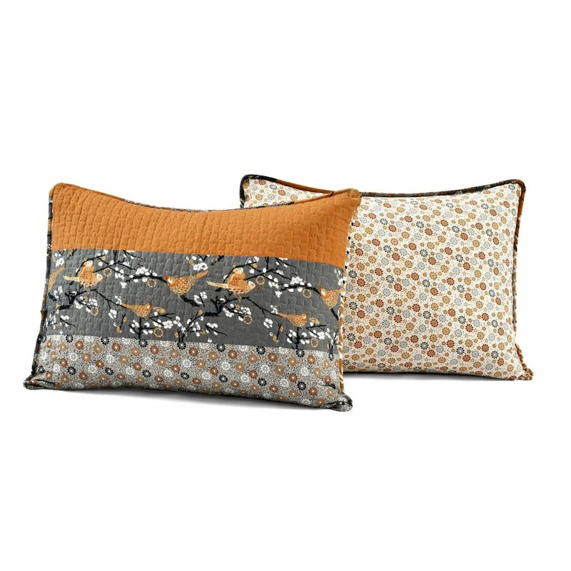 King Size Orange Grey Floral Birds Reversible 3 Piece Quilt Set by HomePacific