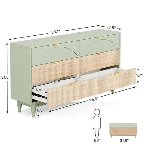 Retro Mid-Century Modern 6 Drawer Dresser Chest of Drawers in Mint Green by HomePacific