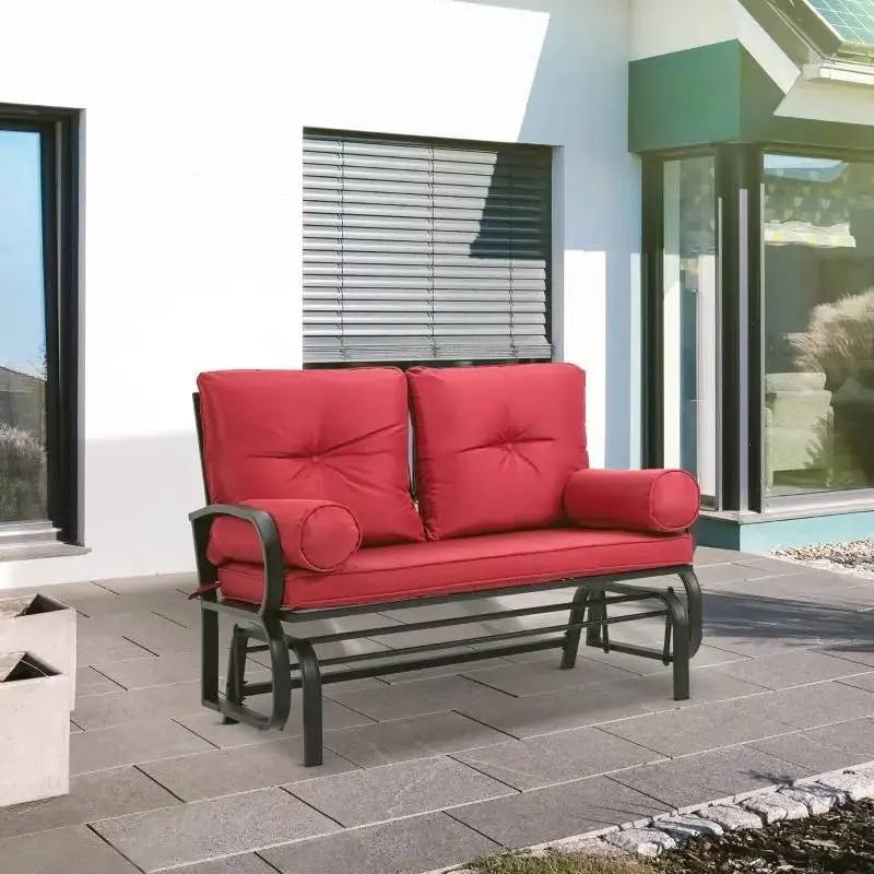 Steel Outdoor Garden Patio Rocking Glider Chair Loveseat with Red Cushions by HomePacific