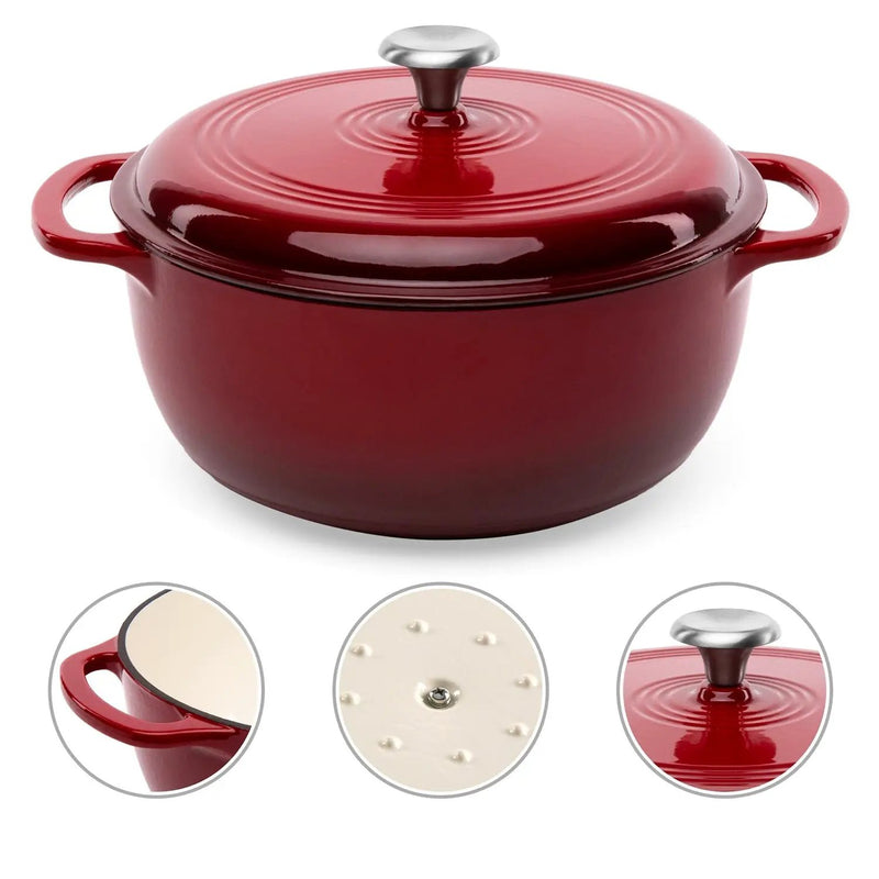 6 Quart Large Red Enamel Cast-Iron Dutch Oven Kitchen Cookware by HomePacific