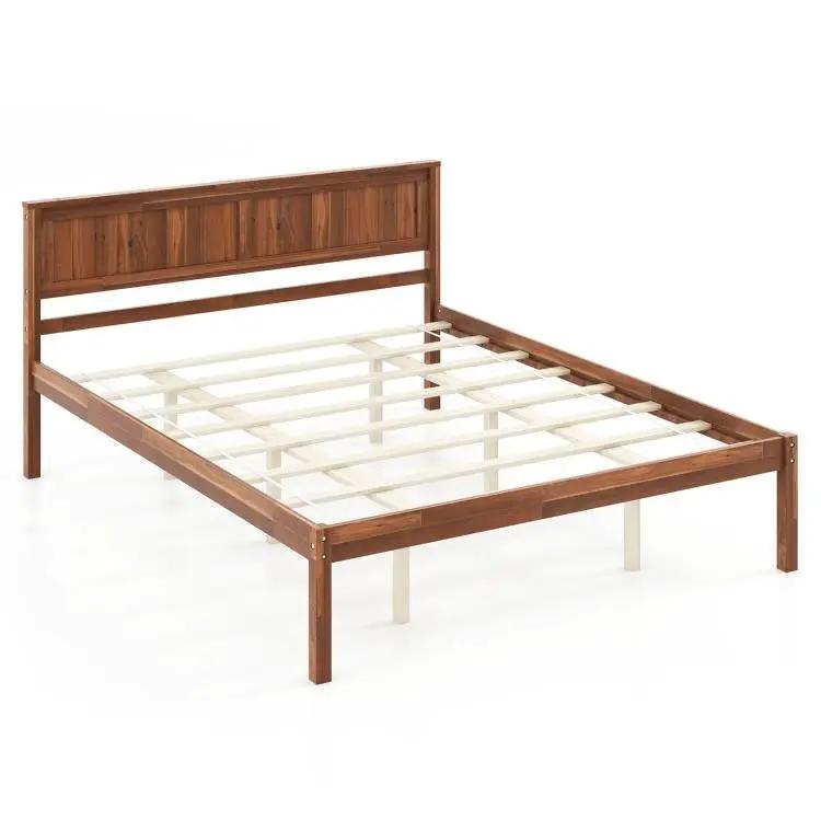 Queen Size Retro Wood Platform Bed Frame with Headboard in Walnut by HomePacific