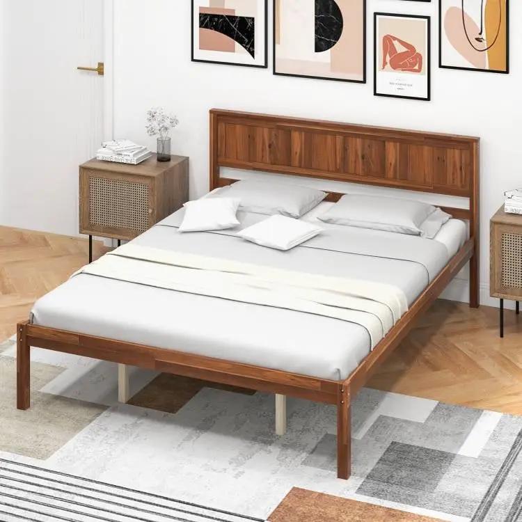 Queen Size Retro Wood Platform Bed Frame with Headboard in Walnut by HomePacific