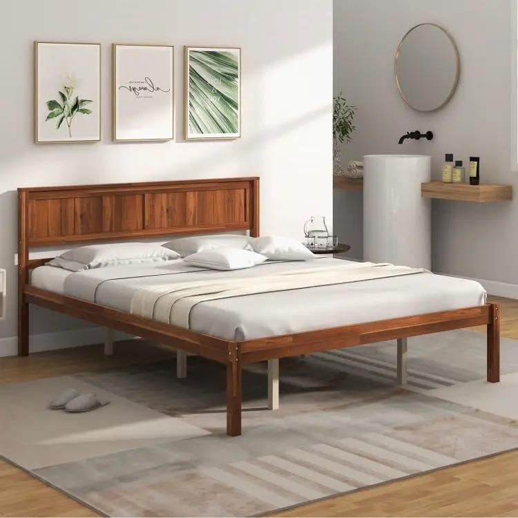 Queen Size Retro Wood Platform Bed Frame with Headboard in Walnut by HomePacific
