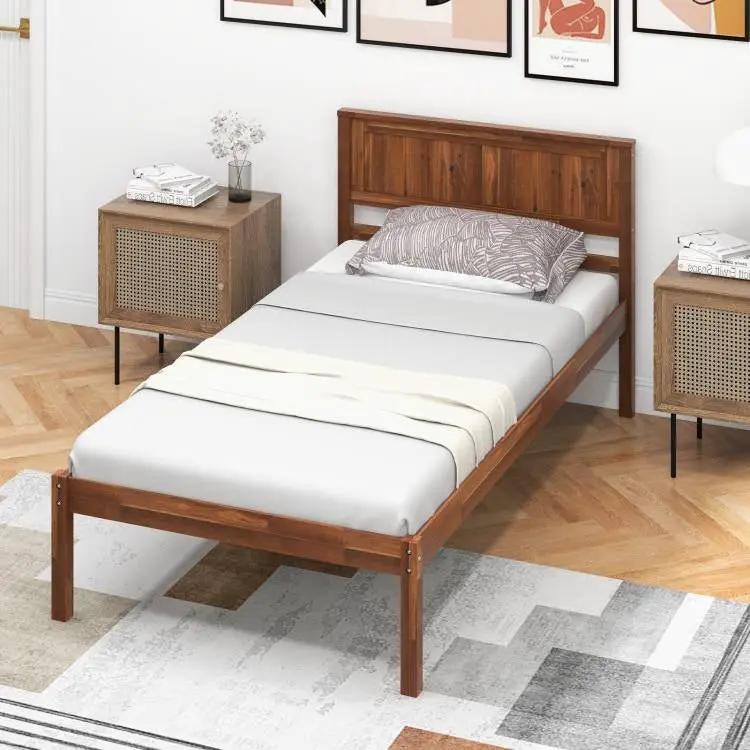 Twin Size Retro Wood Platform Bed Frame with Headboard in Walnut by HomePacific