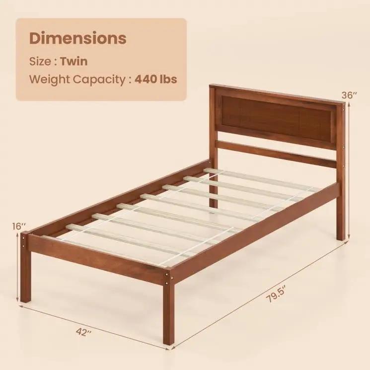 Twin Size Retro Wood Platform Bed Frame with Headboard in Walnut by HomePacific