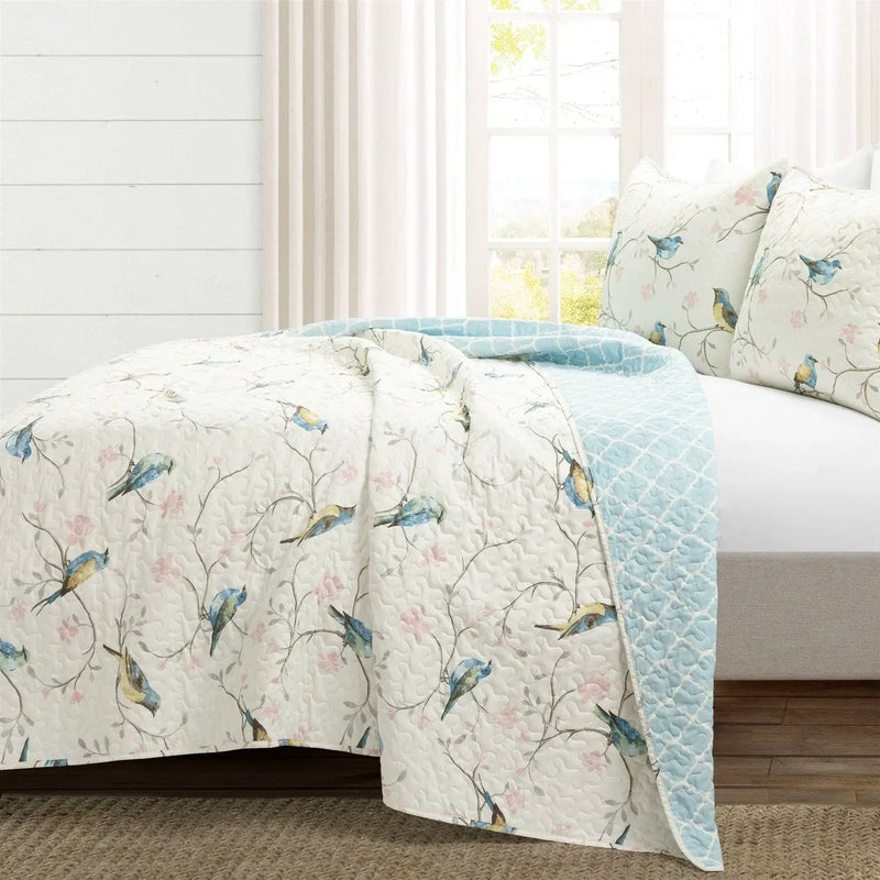 Full/Queen Reversible Lightweight Polyester Floral Birds 3 Piece Quilt Set by HomePacific