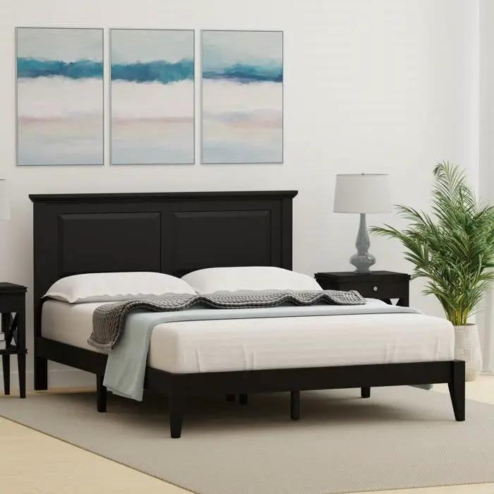 Queen Traditional Solid Oak Wooden Platform Bed Frame with Headboard in Black by HomePacific