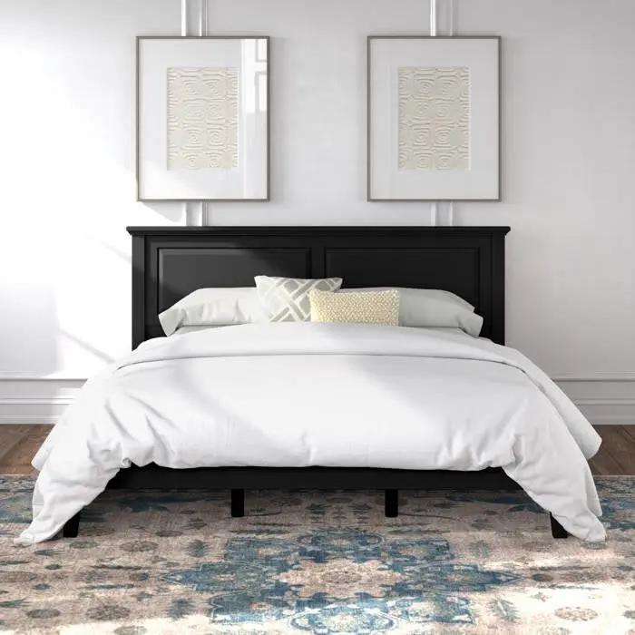 King Traditional Solid Oak Wooden Platform Bed Frame with Headboard in Black by HomePacific