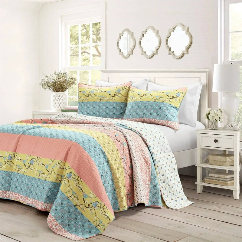 Full/Queen Blue Yellow Pink Ivory Boho Floral Reversible Lightweight Quilt Set by HomePacific