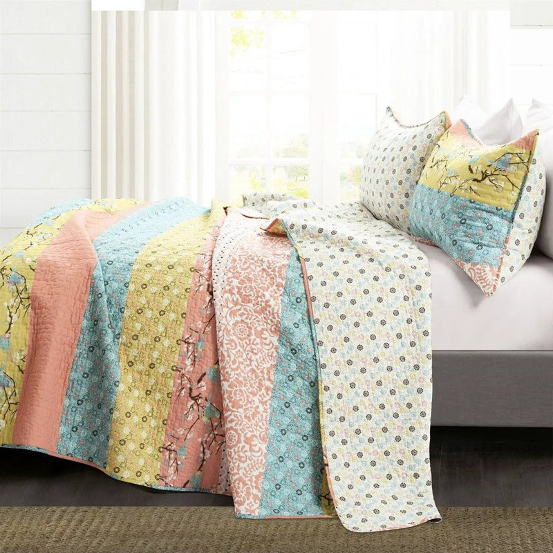 Full/Queen Blue Yellow Pink Ivory Boho Floral Reversible Lightweight Quilt Set by HomePacific