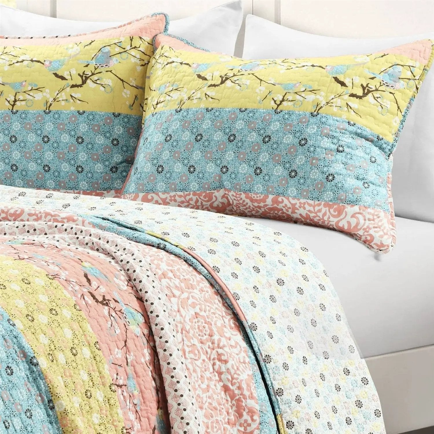 Full/Queen Blue Yellow Pink Ivory Boho Floral Reversible Lightweight Quilt Set by HomePacific