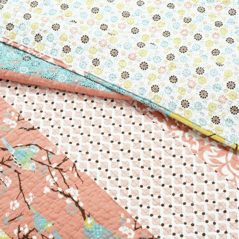 Full/Queen Blue Yellow Pink Ivory Boho Floral Reversible Lightweight Quilt Set by HomePacific