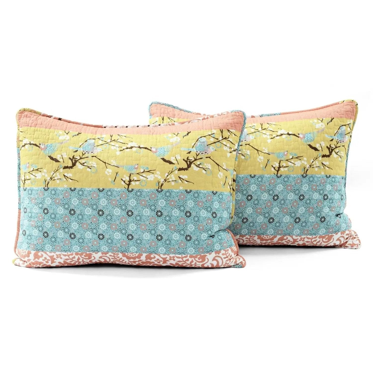Full/Queen Blue Yellow Pink Ivory Boho Floral Reversible Lightweight Quilt Set by HomePacific