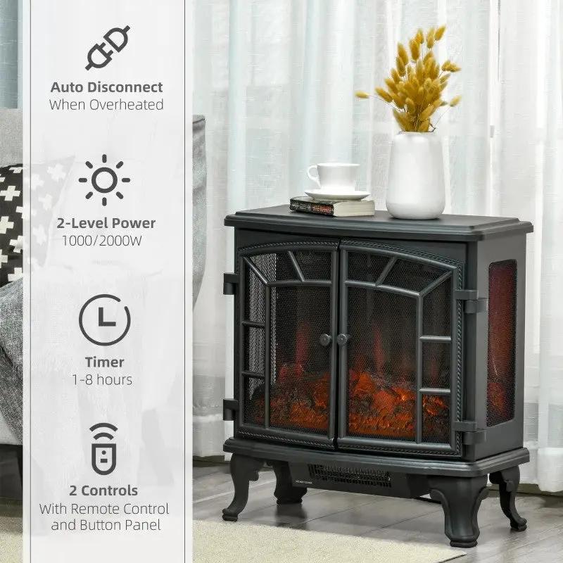 Black Remote Controlled Electric Fireplace Heater Realistic LED Flames and Logs by HomePacific