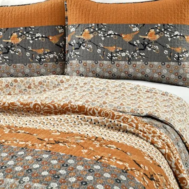 Full/Queen Orange Grey Boho Floral Birds Reversible Lightweight Quilt Set by HomePacific