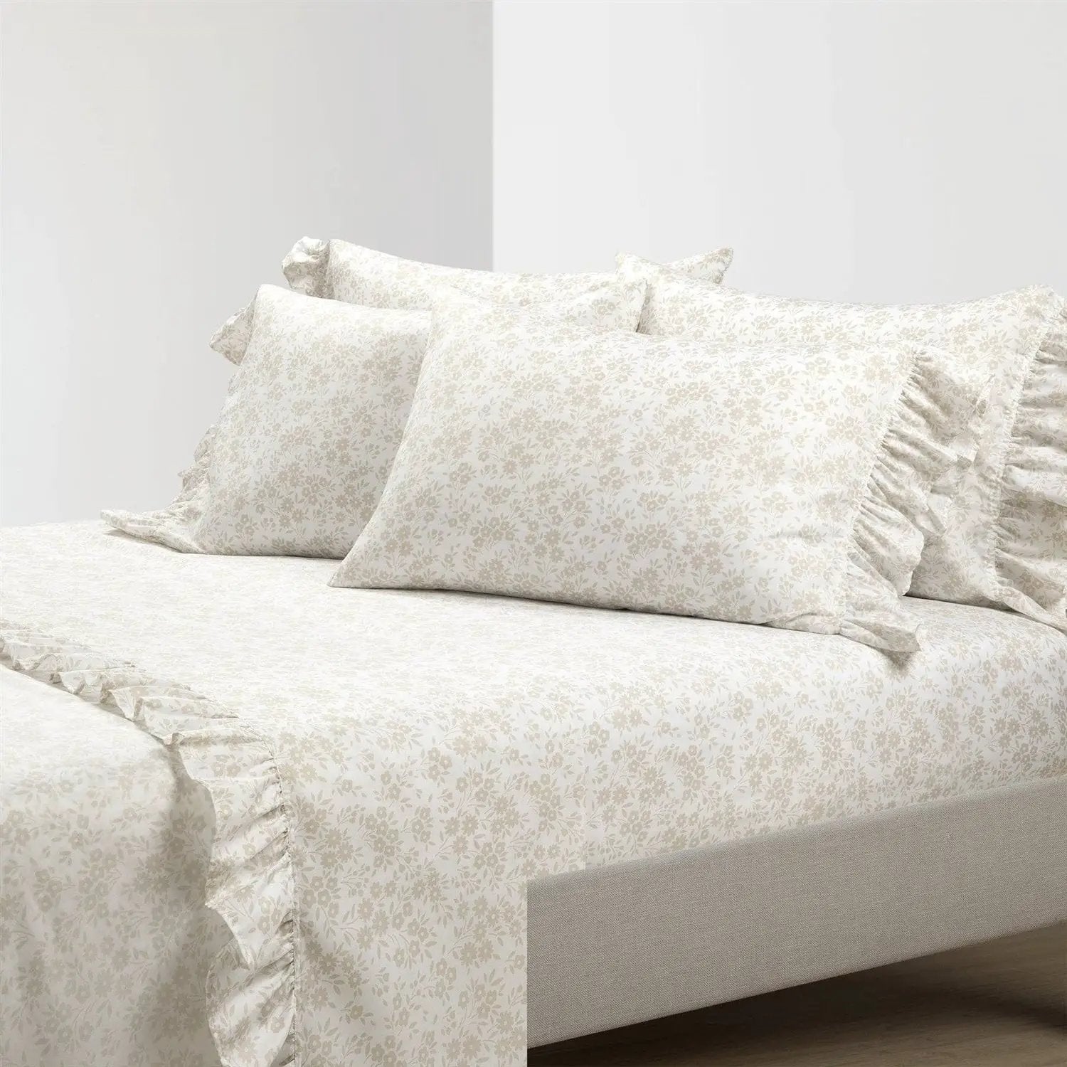 Queen Size Polyester Tan Ruffle Floral 6 Piece Sheet Set by HomePacific
