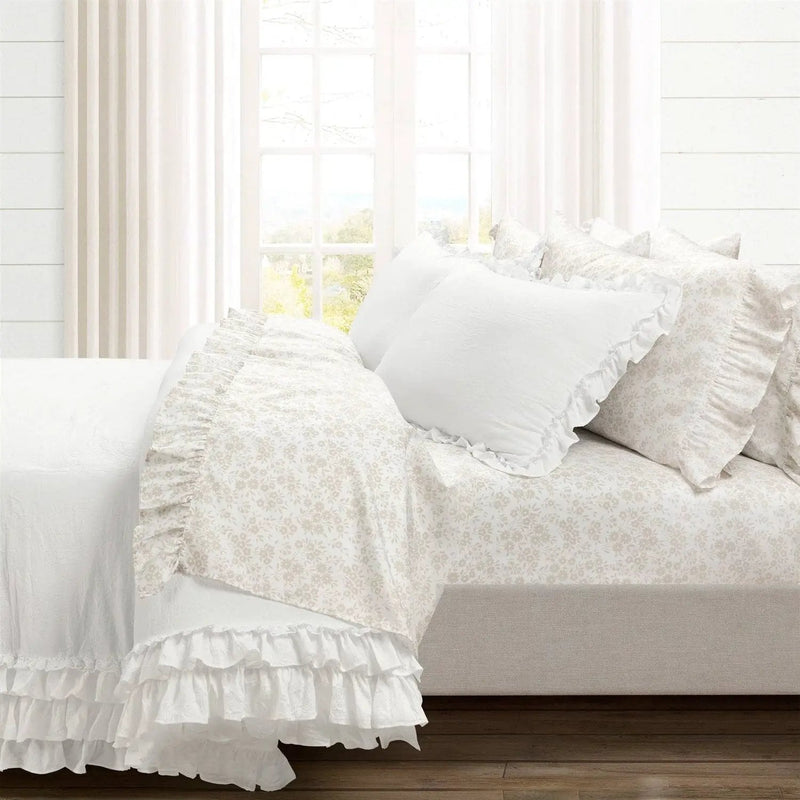 Queen Size Polyester Tan Ruffle Floral 6 Piece Sheet Set by HomePacific