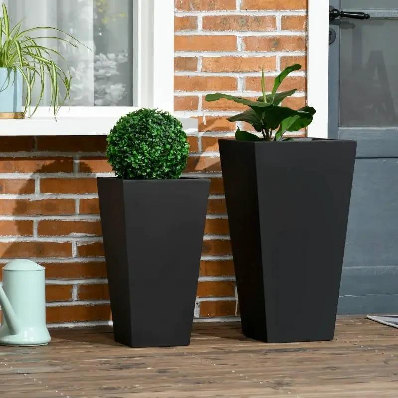 Set of 2 Modern Lightweight Black Outdoor Patio Flower Pot Tall Planter Box by HomePacific