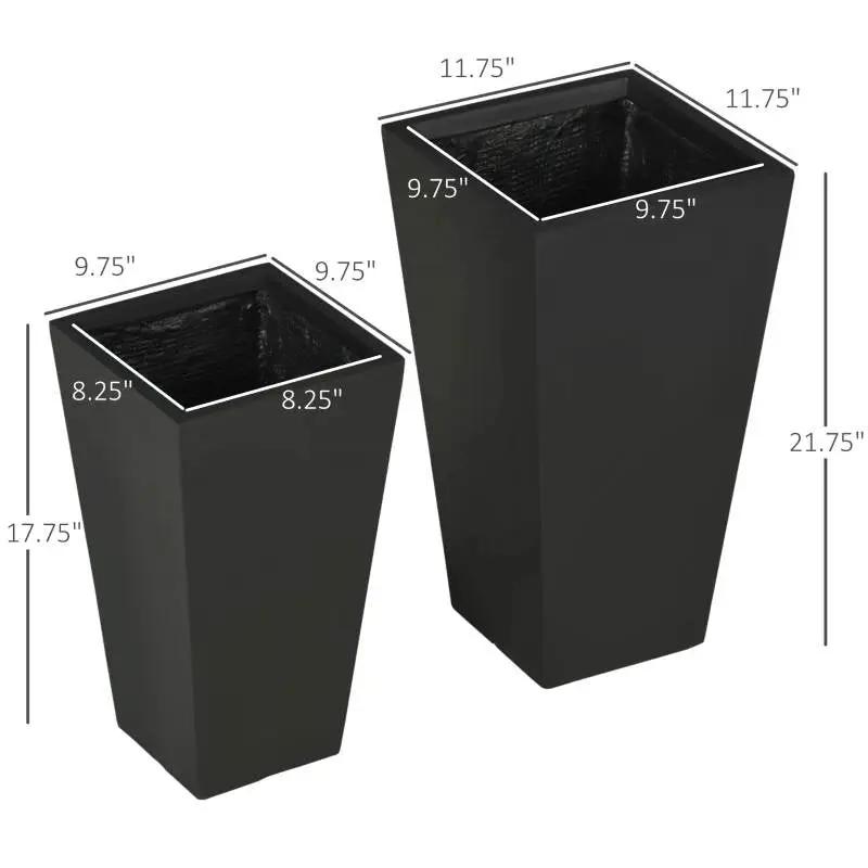 Set of 2 Modern Lightweight Black Outdoor Patio Flower Pot Tall Planter Box by HomePacific