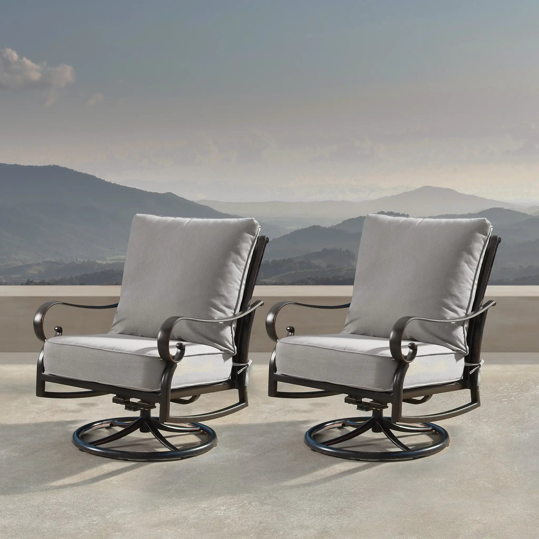 Aluminum Ornate Deep Seating Swivel Rocking Club Chairs Grey Cushions by Sharicks