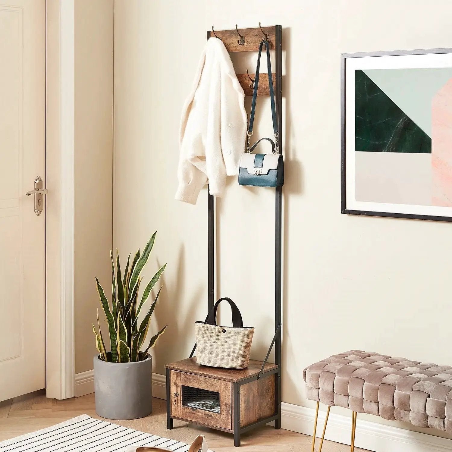 Modern Industrial Metal Wood Entryway Hall Tree Shoe Storage Bench Coat Rack by HomePacific