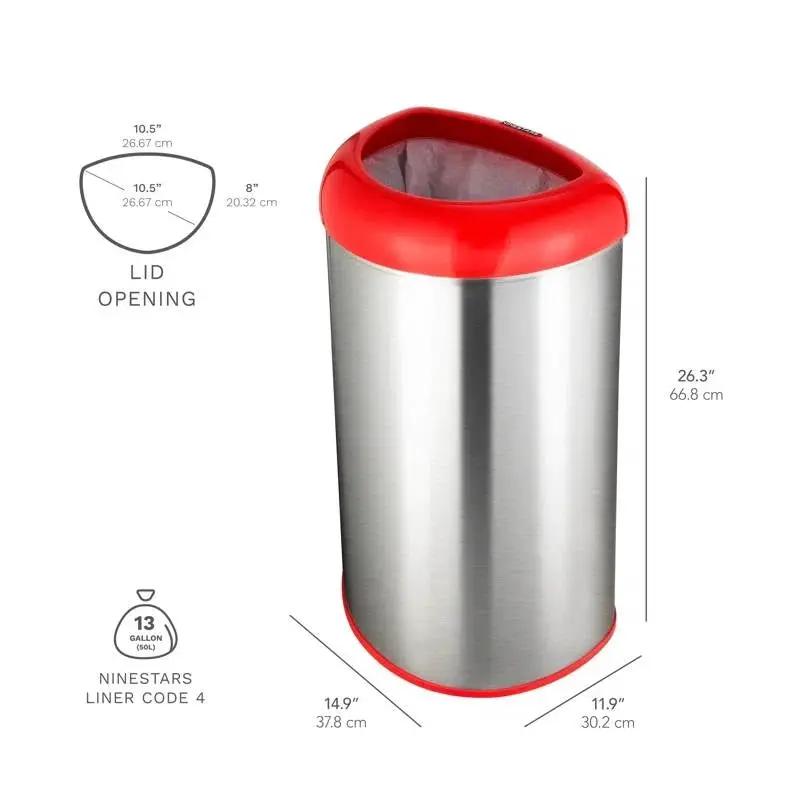 13-Gallon Stainless Steel Trash Can with Red Open Top by HomePacific