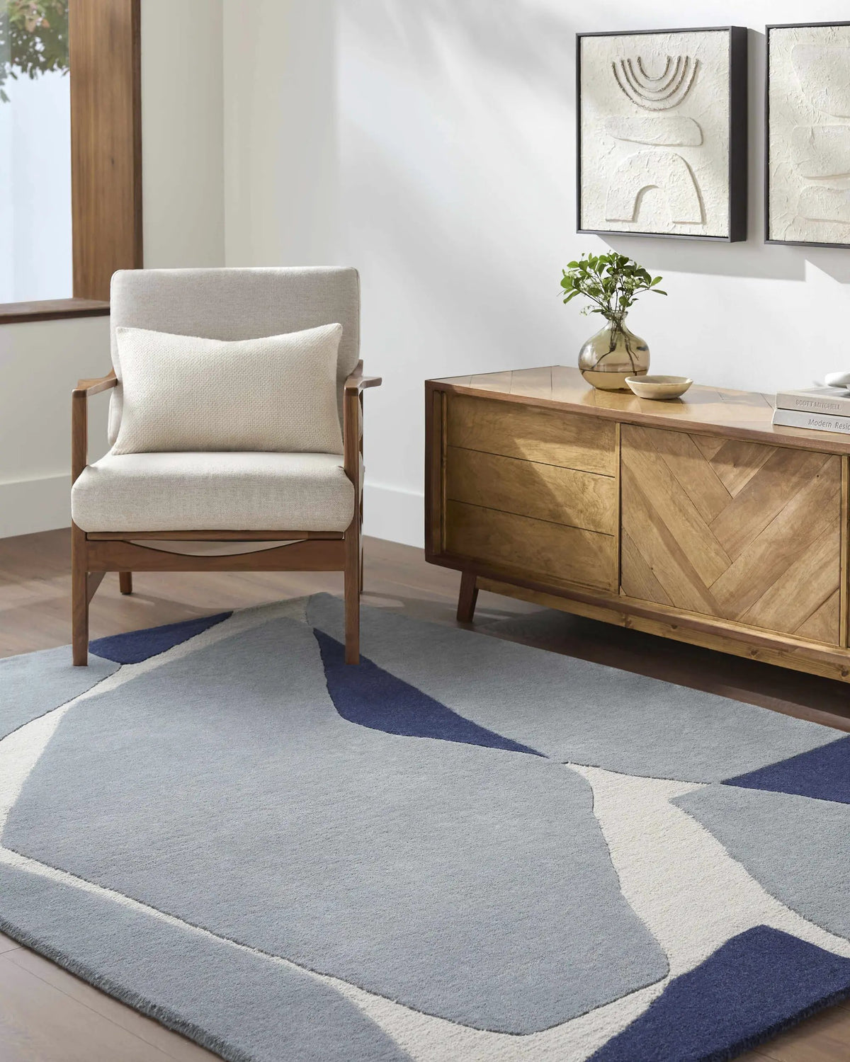 Robbins Modern Blue Wool Rug, installed in a room 2