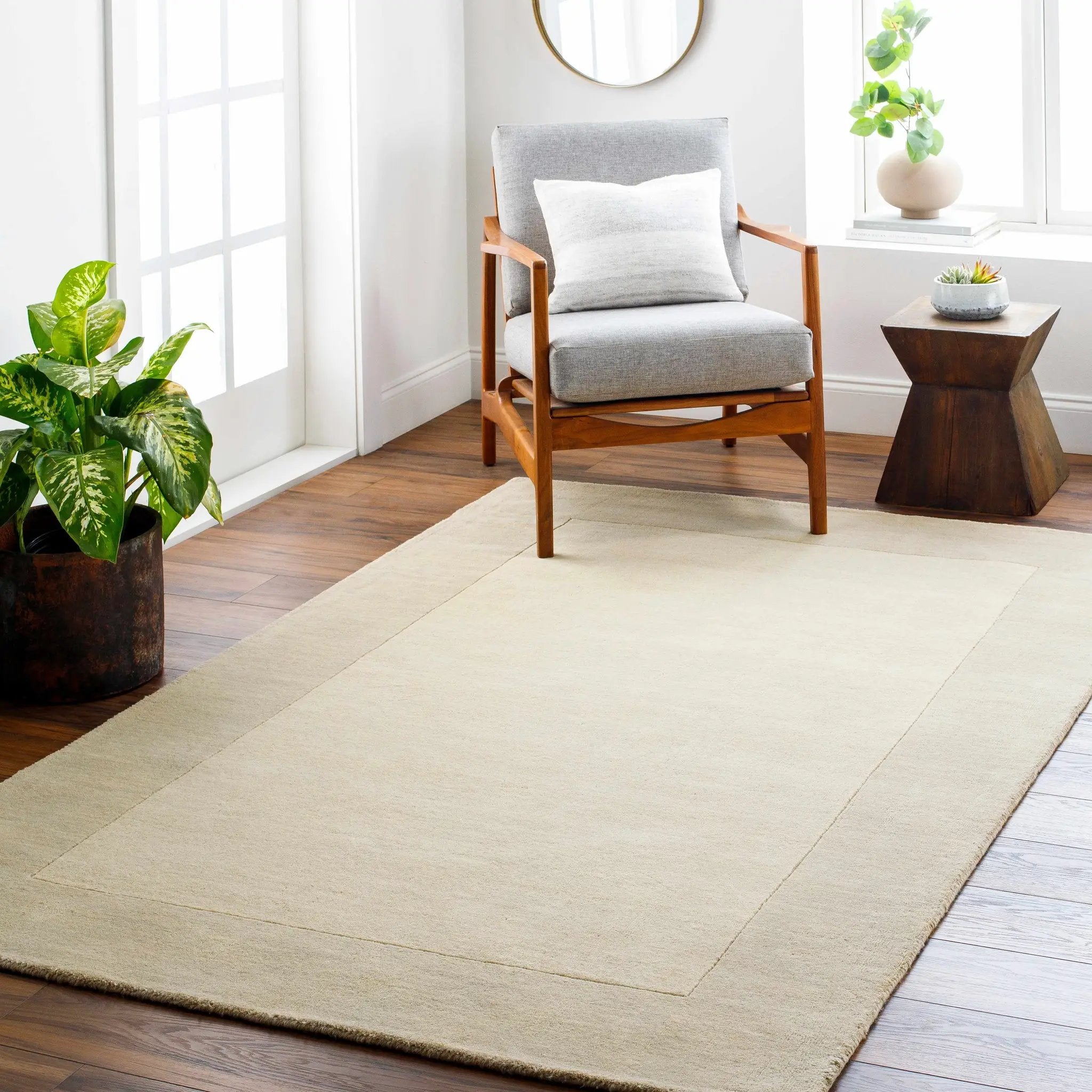 Bordered Solid Beige Cream Wool Rug by Boutique Rugs