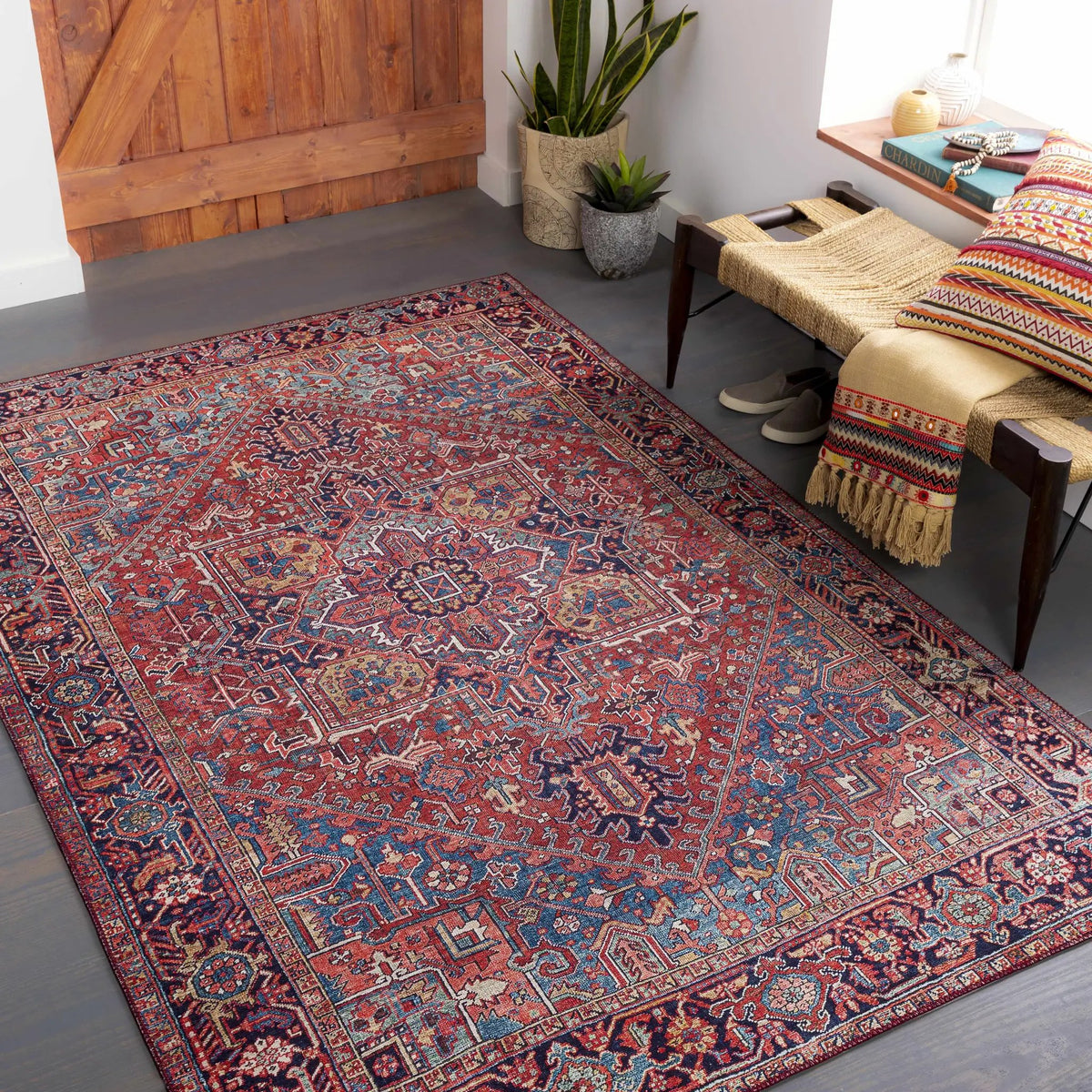Ronneby Red Traditional Area Rug, installed in a room