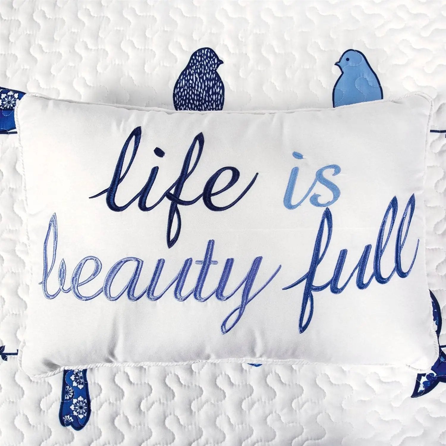 Full/Queen Blue White Navy Floral Birds On Wire Lightweight 7 Piece Quilt Set by HomePacific