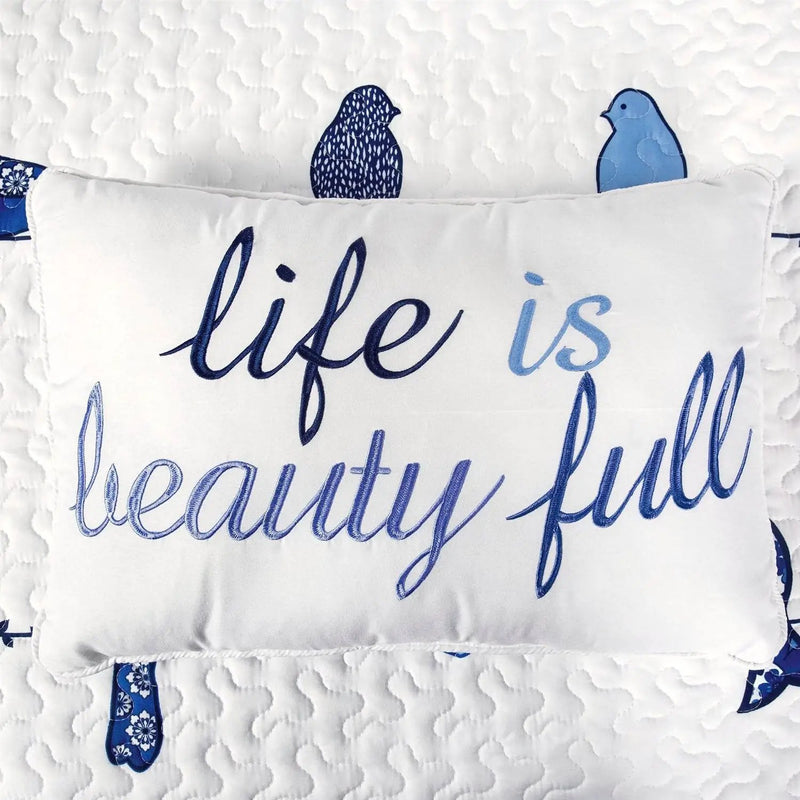 Full/Queen Blue White Navy Floral Birds On Wire Lightweight 7 Piece Quilt Set by HomePacific