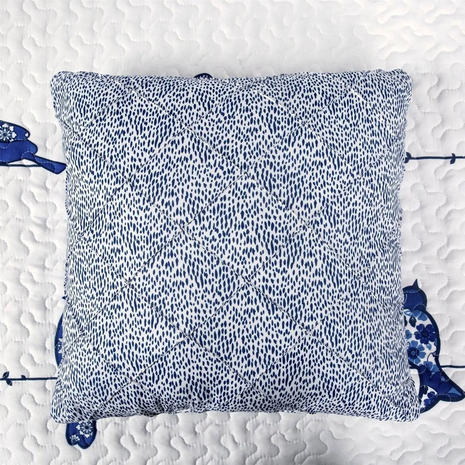 Full/Queen Blue White Navy Floral Birds On Wire Lightweight 7 Piece Quilt Set by HomePacific