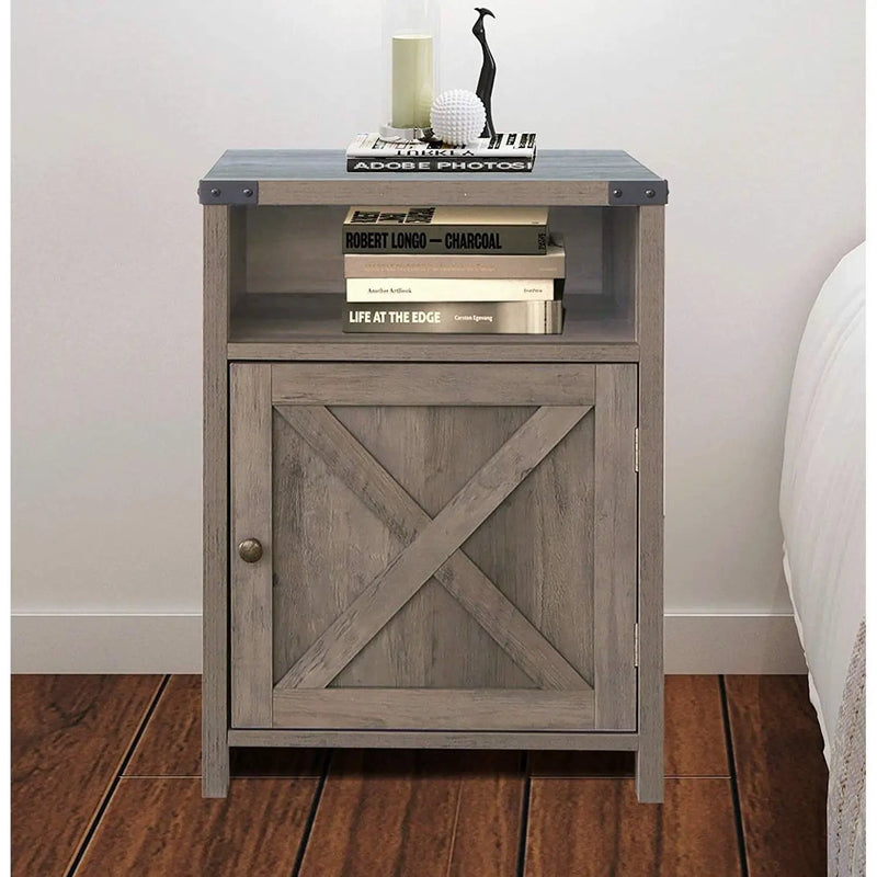 Farmhouse Style End Table Barn Door Nightstand with Open Shelf in Rustic Oak by HomePacific