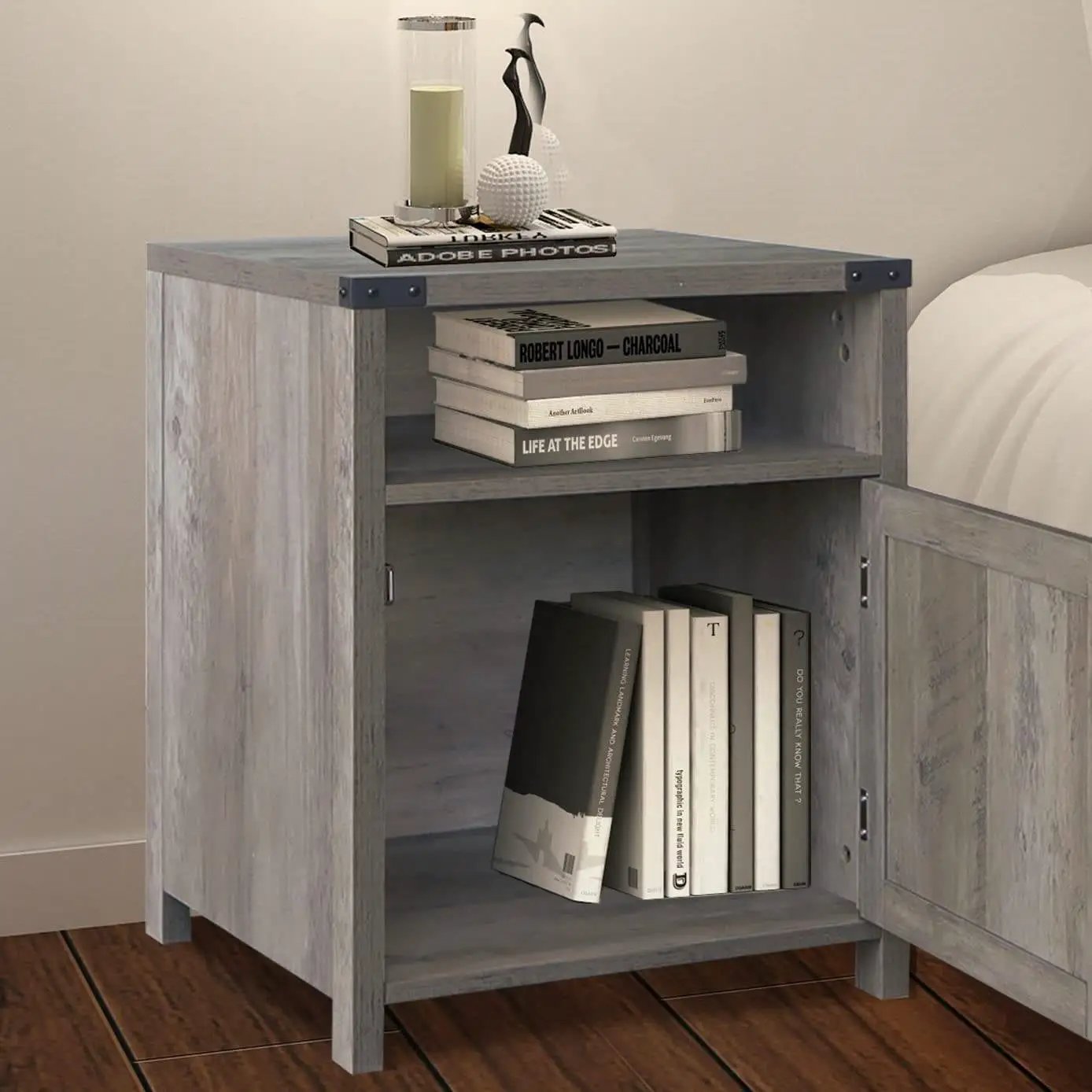 Farmhouse Style End Table Barn Door Nightstand with Open Shelf in Rustic Oak by HomePacific