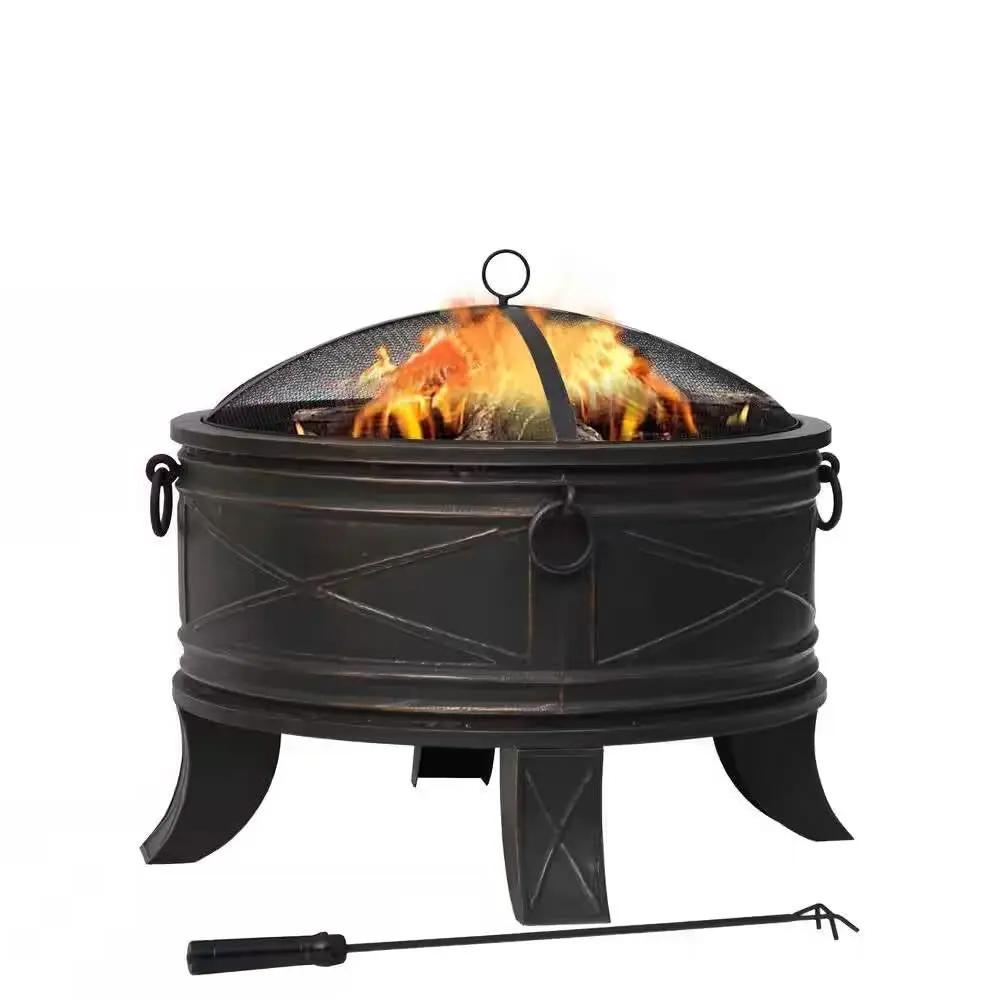 26-inch Round Steel Outdoor Fire Pit with Cover and Poker in Bronze by HomePacific