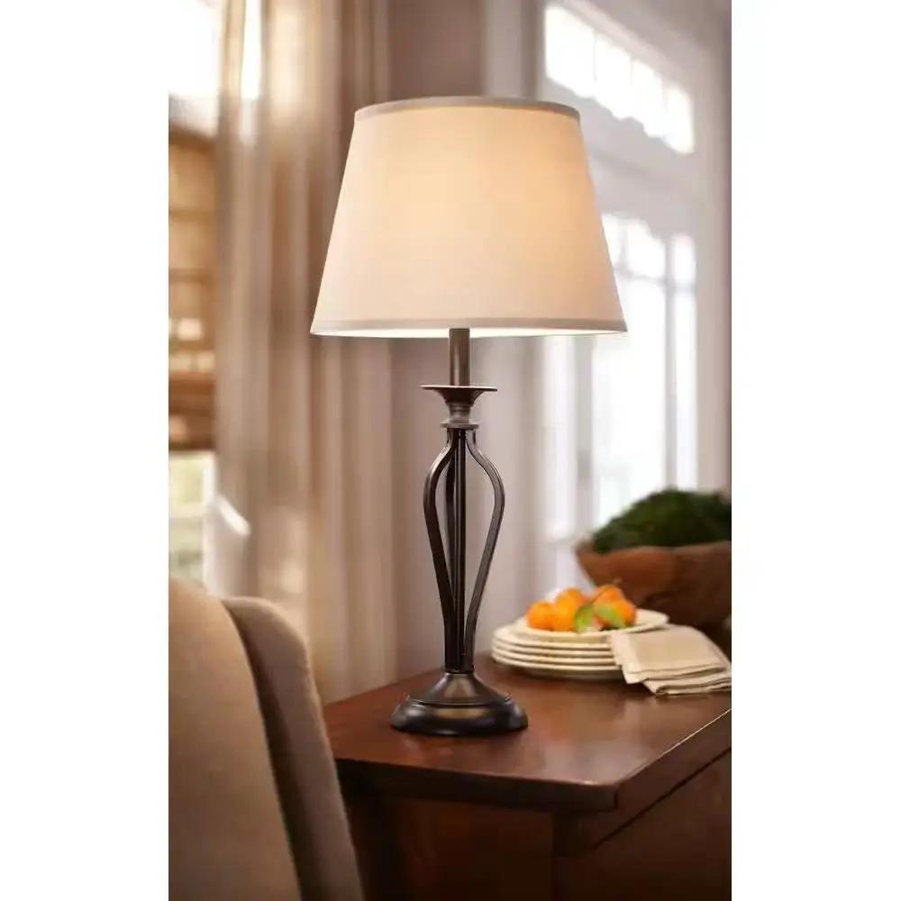 Traditional Bronze Metal Finish Table Lamp with Beige Linen Shade by HomePacific