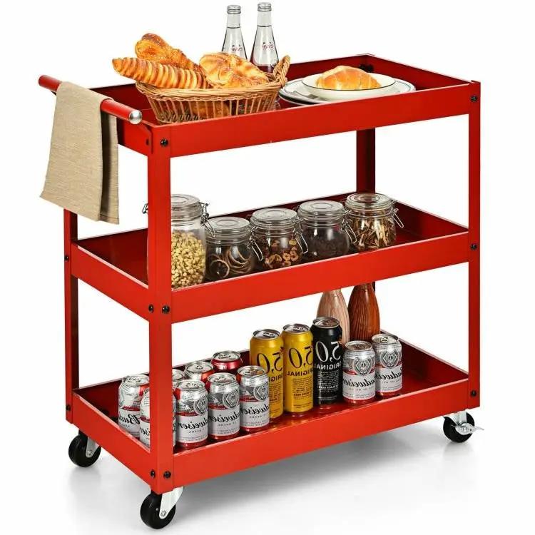 Red Steel Frame Kitchen Serving Utility Cart on Wheels with 2 Bottom Shelves by HomePacific