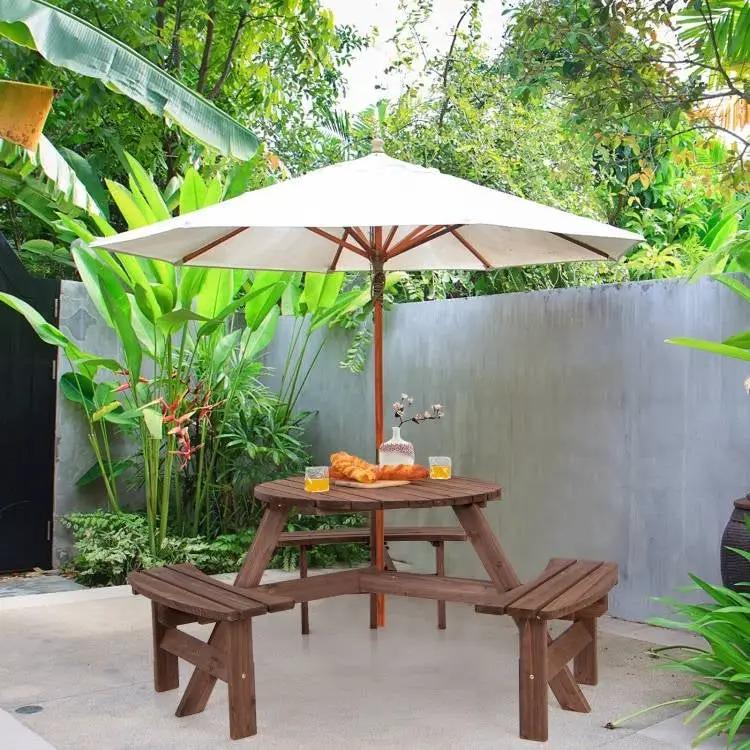 Espresso Wooden 6 Seater Picnic Table Umbrella Hole by HomePacific
