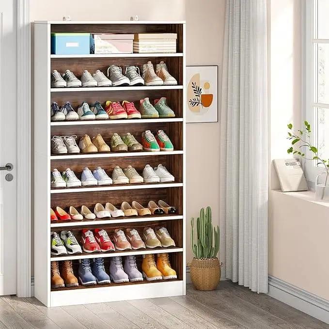 9 Tier White/Brown Wood Shoe Storage Cabinet, Holds Up To 45 Pairs by HomePacific